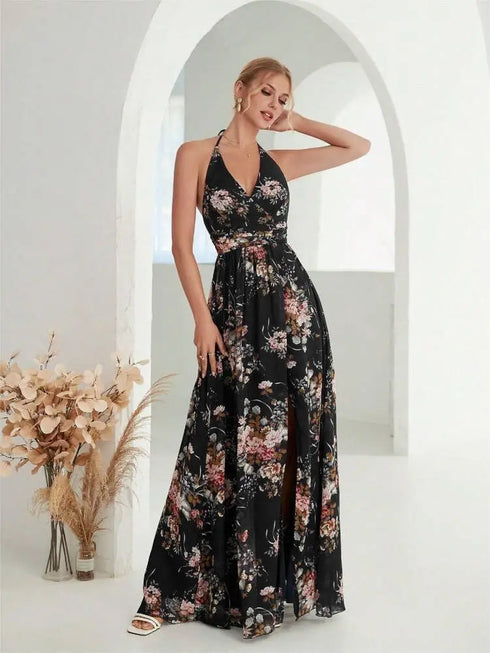 Elegant Flower Print Chiffon Dress for Women - Sexy Halter V Neck Backless Long Summer Fashion Party Dress